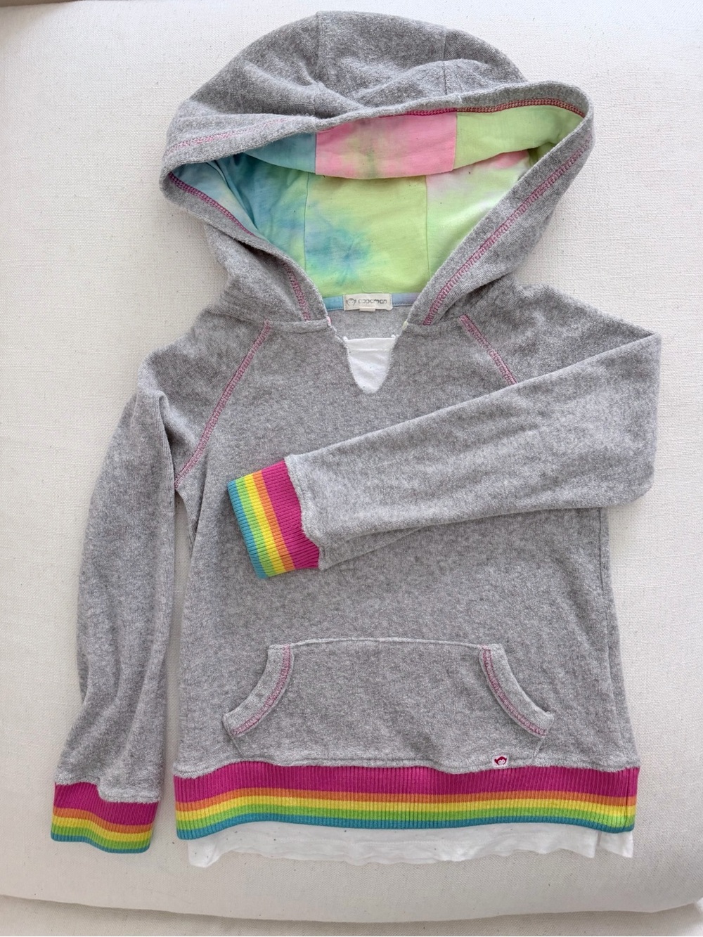 Appaman Gray Hoodie with Rainbow Ribbing and Pastel Tie-Dye Hood Lining
